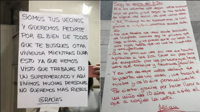 La nota que le dejaron a una empleada de supermercado y su respuesta (Fotos: Telecinco).