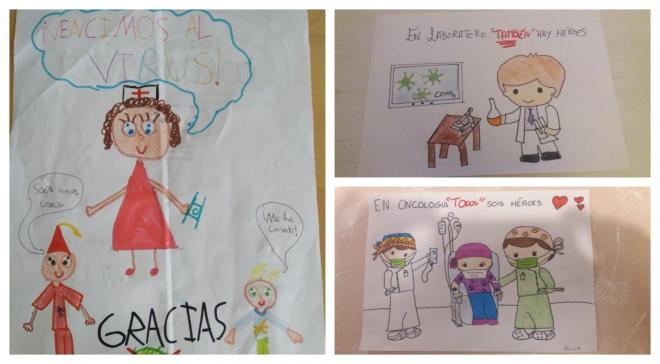 Varios de los dibujos que llegan diariamente a los hospitales malagueños (Fotos: @ASCostadelSol).
