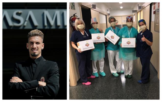 Samu Castillejo, en una foto con el Milan, y varios sanitarios con las mascarillas que ha donado.