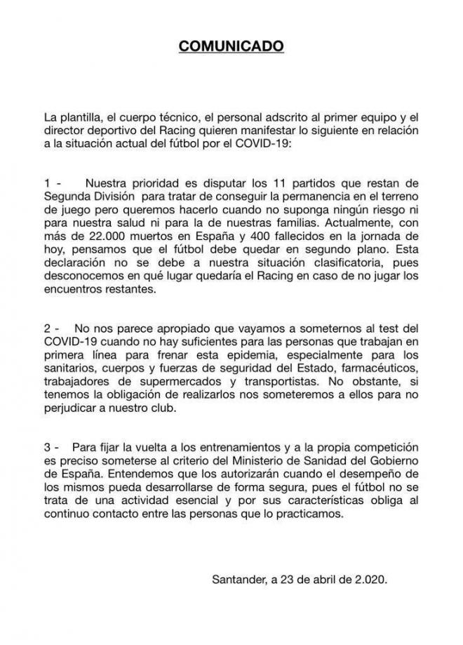 El comunicado del Racing de Santander contra los test masivos a futbolistas.