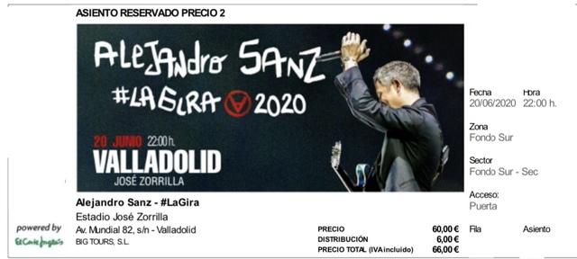 Entrada para el concierto de Alejandro Sanz a la venta en internet.