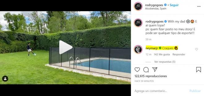 Comentario de Neymar Jr a Rodrygo en su última publicación de Instagram.