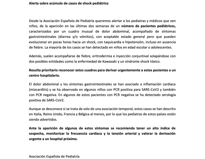 Comunicado de la Asociación Española de Pediatría sobre los niños y el coronavirus.