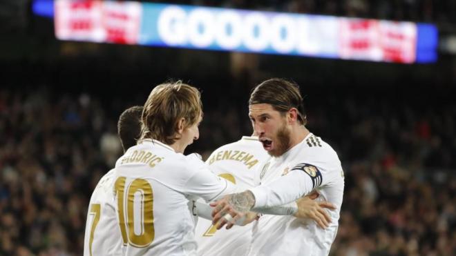 Luka Modric y Sergio Ramos celebran un gol esta temporada.
