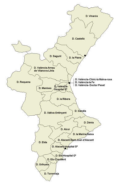 Mapa de los departamentos de Salud en la Comunidad Valenciana