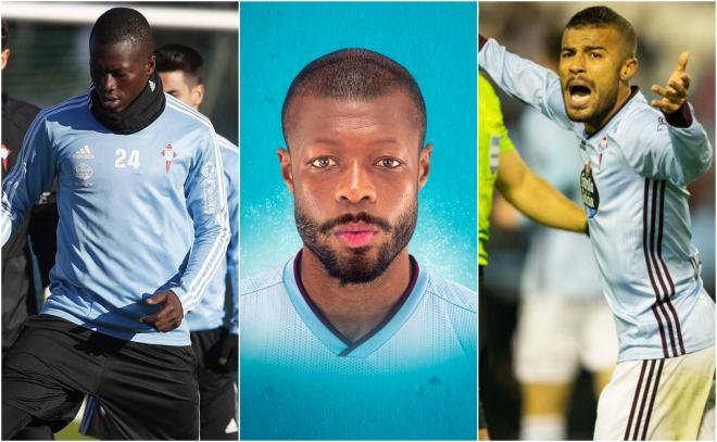 Pape Cheikh y Rafinha, junto al montaje elaborado por el Celta.