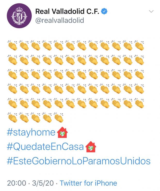 Tweet del Real Valladolid, borrado y por el que el club pidió disculpas.