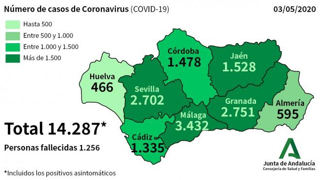 Mapa de contagios por coronavirus en Andalucía a 3 de mayo de 2020.
