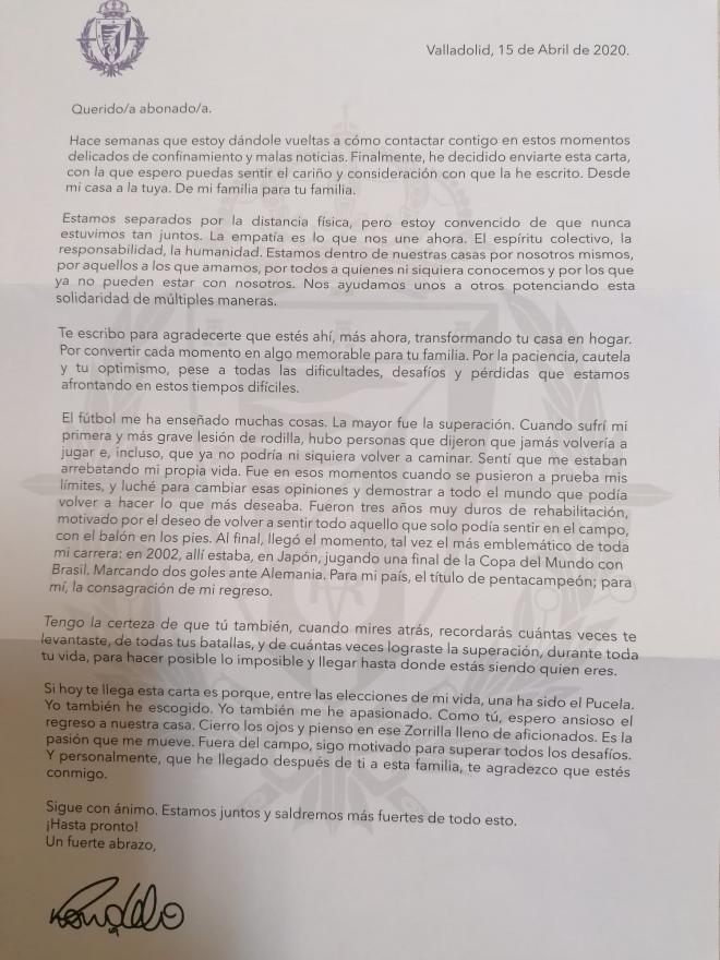 Carta de Ronaldo a los abonados del Real Valladolid.