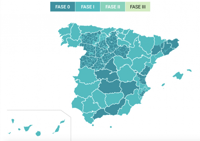 Mapa de las fases en las que se encuentran las provincias en España, las que pasan a la Fase 1 y las que se quedan.