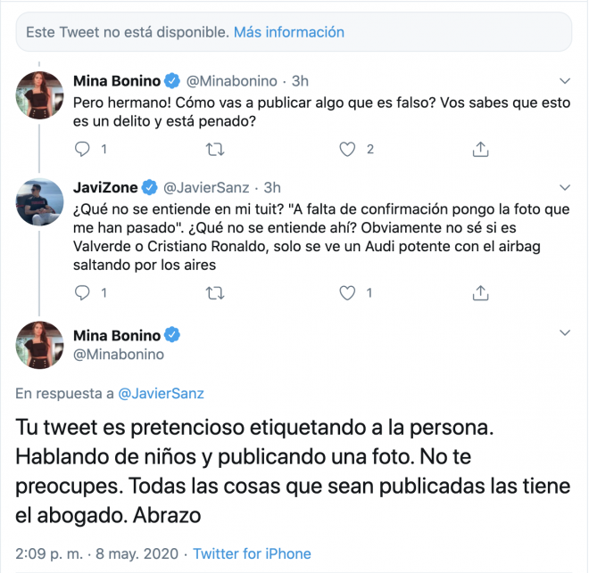 Conversación de Mina Bonino, pareja de Fede Valverde, con un tuitero que borró su tuit inicial.