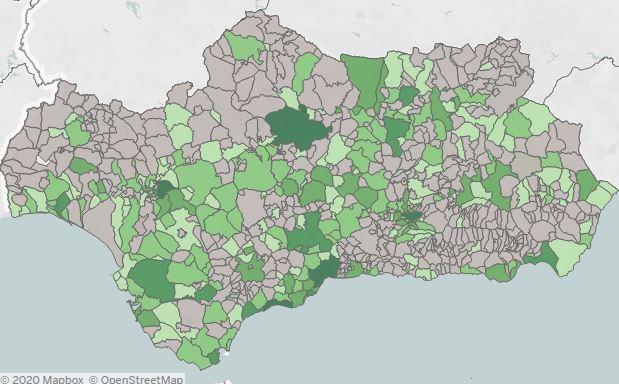 El mapa de contagios por provincias en los últimos 14 días en Andalucía.