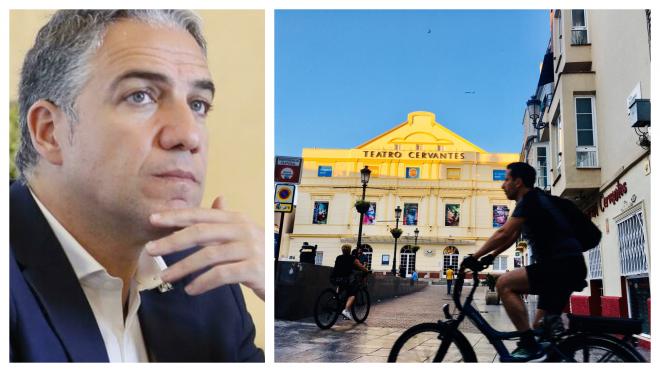 Elías Bendodo, en una imagen reciente, y un ciclista pasando por el Teatro Cervantes.