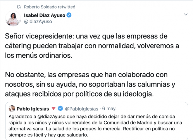 El rt de Roberto Soldado a Isabel Díaz Ayuso en su disputa con Pablo Iglesias.