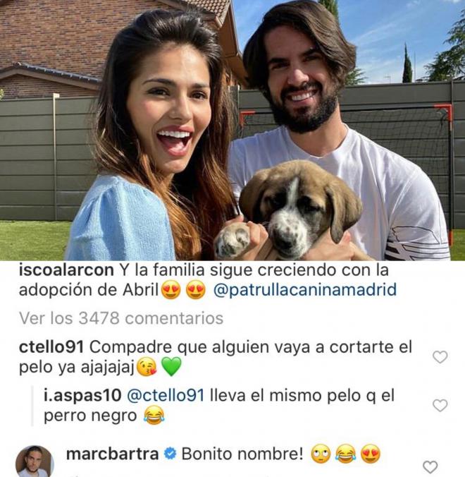 Los mensajes de Cristian Tello, Iago Aspas y Marc Bartra a Isco en Instagram tras presentar a Abril