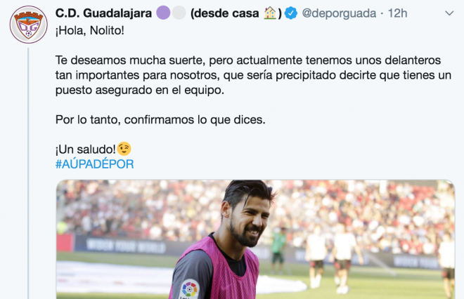 El Guadalajara contesta a Nolito, jugador del Sevilla.