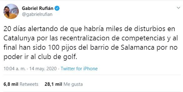 El tweet de Gabriel Rufián sobre las protestas y el golf.