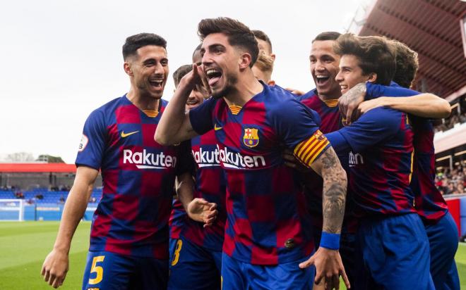 Monchu celebra uno de los goles anotados con el filial del FC Barcelona.