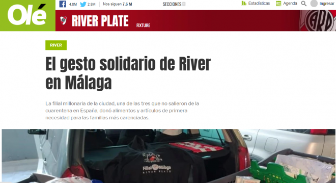 Captura de 'Olé' con la noticia de la donación solidaria de la filial de River en Málaga.