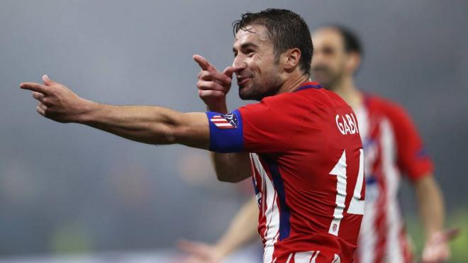 Gabi celebra su último gol en el Atlético de Madrid.
