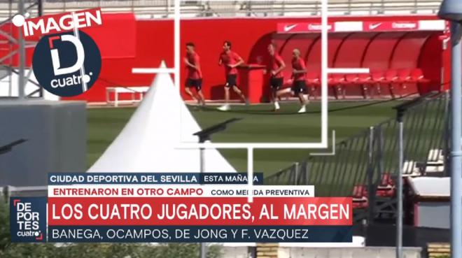 Banega, Vázquez, Ocampos y De Jong, entrenando al margen.