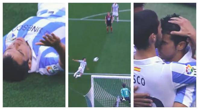 Secuencia del remate y la celebración del último gol de Saviola con el Málaga (Fotos: LaLiga).