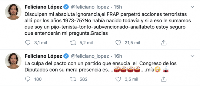 Tuits de Feliciano López tras el rifirrafe entre Álvarez de Toledo y Pablo Iglesias.
