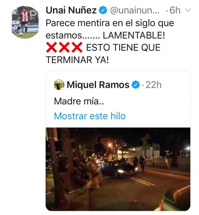 El tuit de Unai Núñez hastiado de los abusos policiales cometidos en USA.