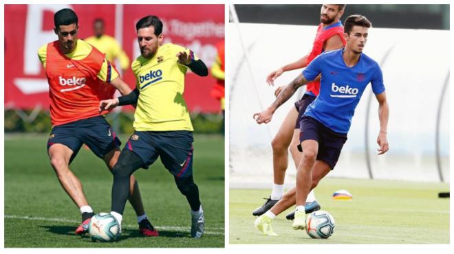 Chumi, con Messi y Piqué en dos entrenamientos.