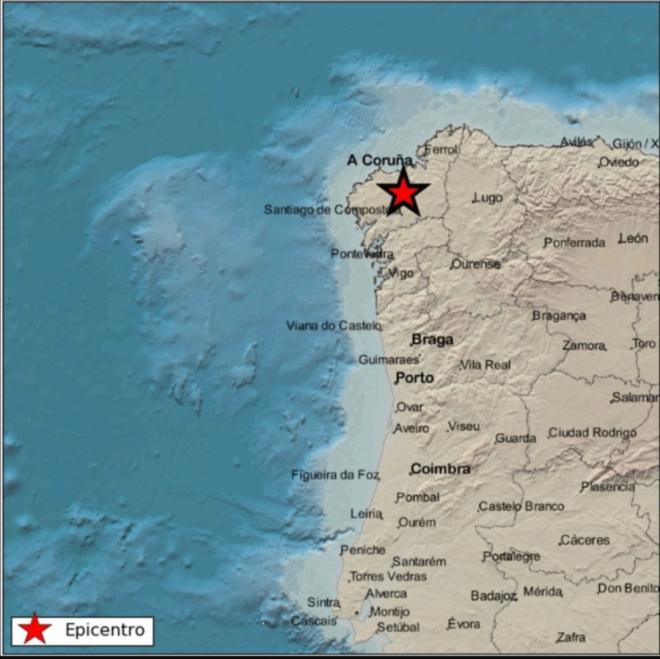 Epicentro terremoto registrado en A Coruña (Instituto Geográfico Nacional)
