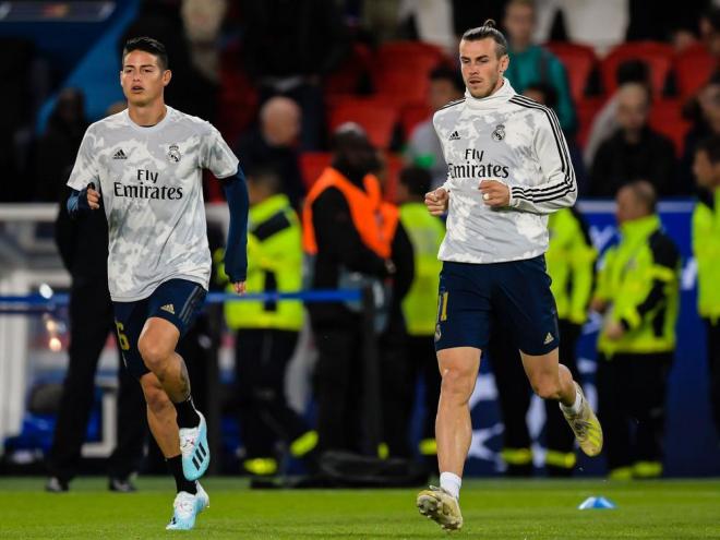James Rodríguez y Gareth Bale, en un calentamiento del Real Madrid (Foto: EFE).