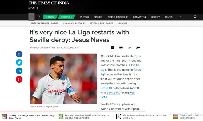 El Sevilla en 'The Times of India'.