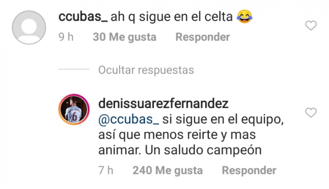 Respuesta de Denis Suárez (Foto: Instagram).