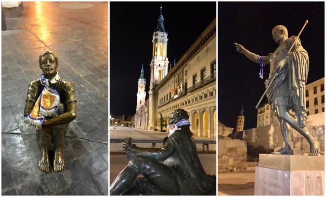 Varias estatuas de la capital aragonesa han amanecido con bufandas y banderas del Real Zaragoza par