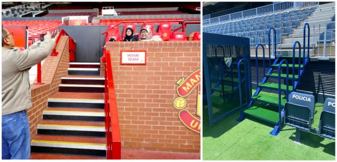 El banquillo de Old Trafford y la escalera creada en La Rosaleda para la ocasión.