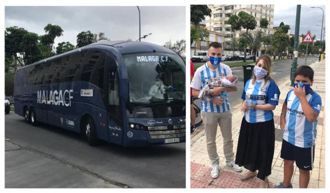 El autobús del Málaga a su llegada y una familia que lo esperaba.