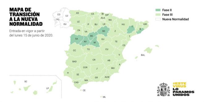 La situación de las fases de la desescalada en España desde el 15 de junio.