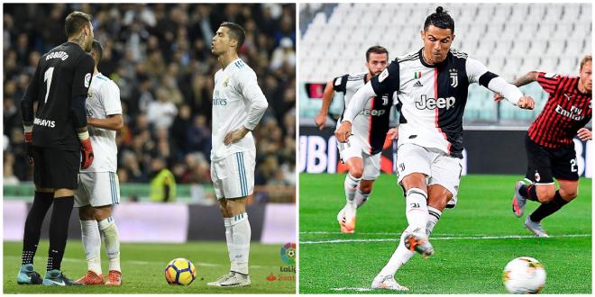 Los dos penaltis de Cristiano, ante el Málaga y el Milan (Fotos: LaLiga / EFE).