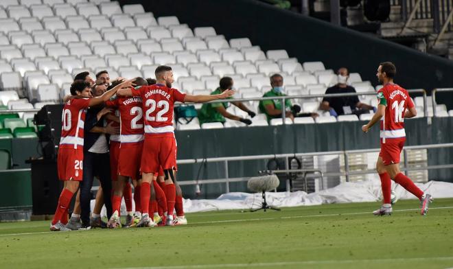 Celebración del Granada en el gol de Soldado (Foto: Kiko Hurtado).