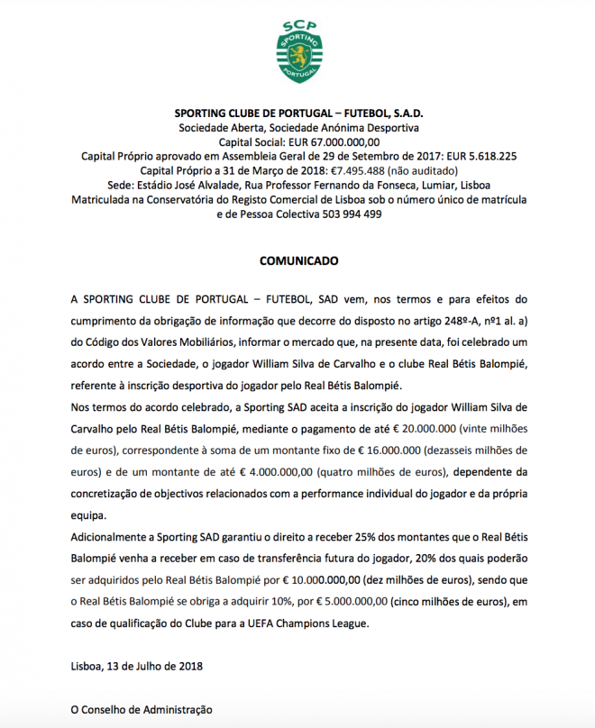 Acuerdo de venta entre el Sporting de Portugal y el Real Betis.