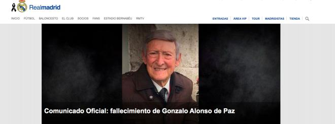 Reseña del Real Madrid en su página web tras el fallecimiento de Gonzalo Alonso.