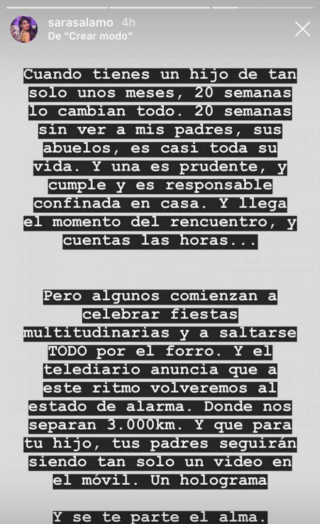 Mensaje de Sara Sálamo en Instagram sobre los que hacen fiestas y provocan rebrotes de coronavirus