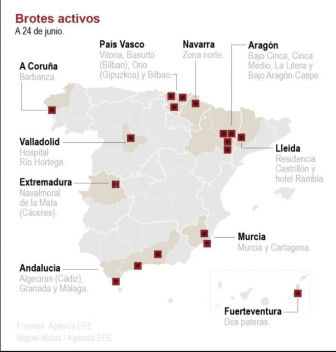 Rebrotes de coronavirus en España a 24 de junio (Foto. EFE).