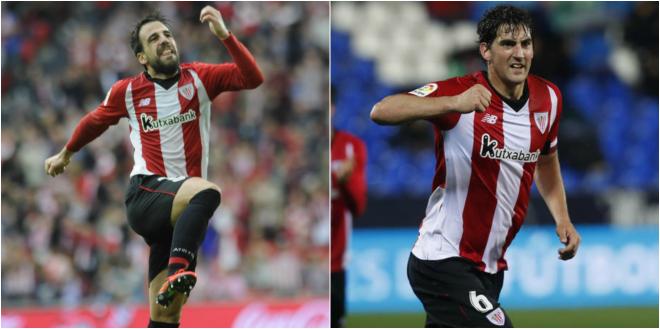 Beñat Etxebarria y Mikel San José, celebran sus goles durante partidos con el Athletic Club.