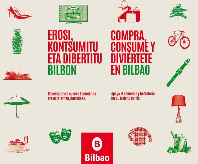 Bajo el lema “Compra, Consume y Diviértete en Bilbao” se pretende apoyar al comercio y hostelería de Bilbao.