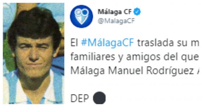 Mensaje del Málaga tras la muerte de Manolito, a la izquierda.