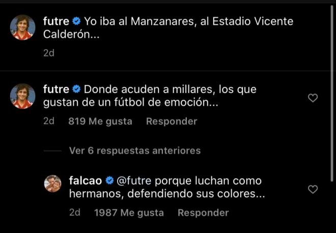 Falcao le contesta a Futre y continúa escribiendo en Twitter la letra del himno del Atlético de Madrid.