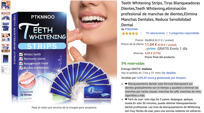 Oferta en Amazon en Tiras blanqueadoras de dientes.