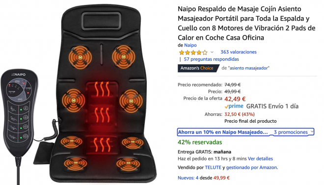 Oferta en Amazon de cojín masajeador portátil para toda la espalda y el cuello.