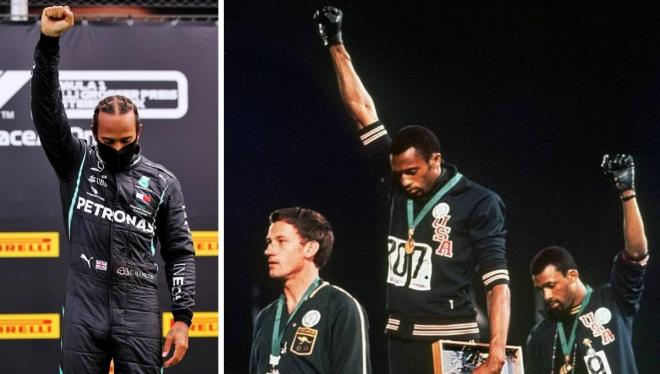 Lewis Hamilton imita la icónica celebración de Tommie Smith y John Carlos en México 86.